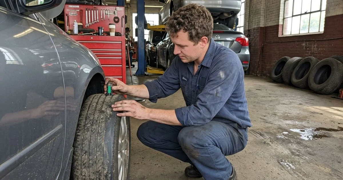 Hand doing the penny test on a worn tire tread, candid daylight