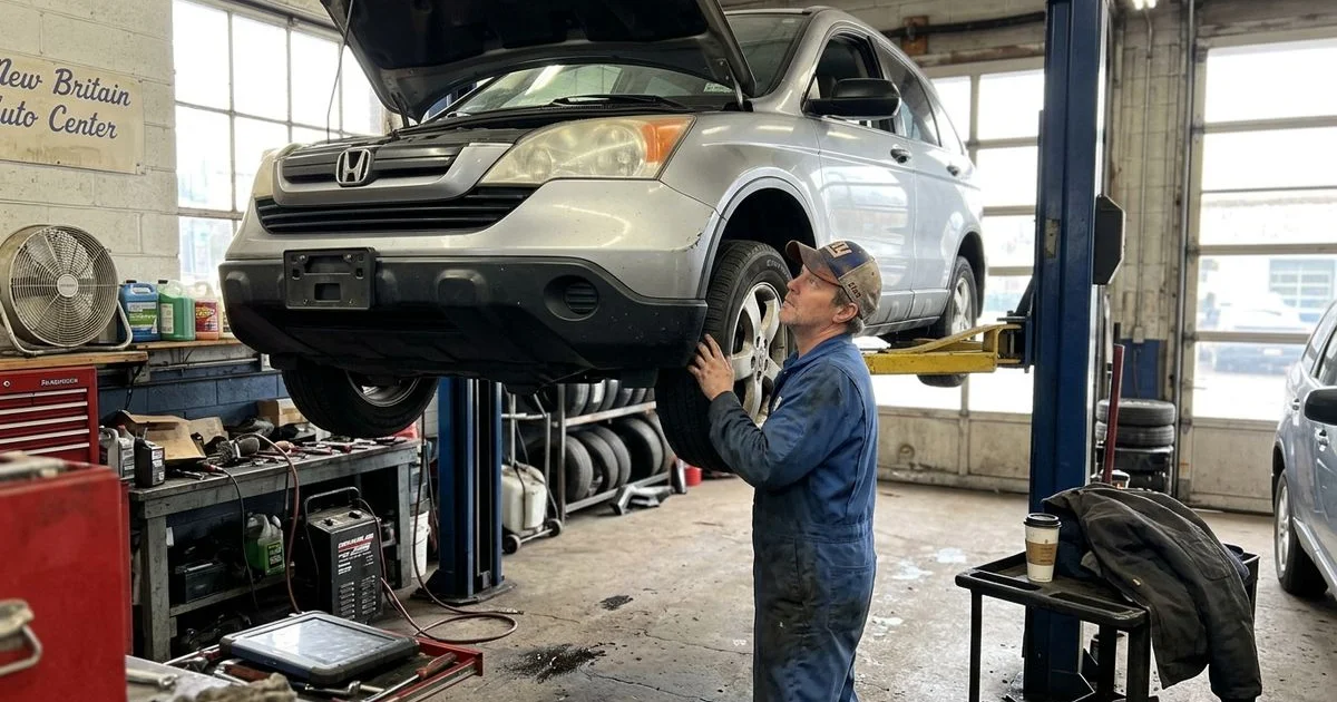 Technician inspecting a used car on a lift with a checklist, New Britain shop, candid