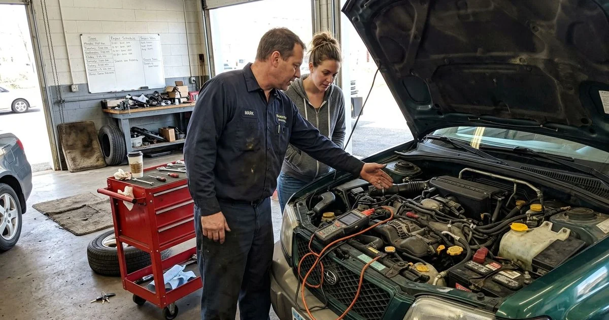 Technician testing a car battery with clamps on terminals, New Britain shop, candid