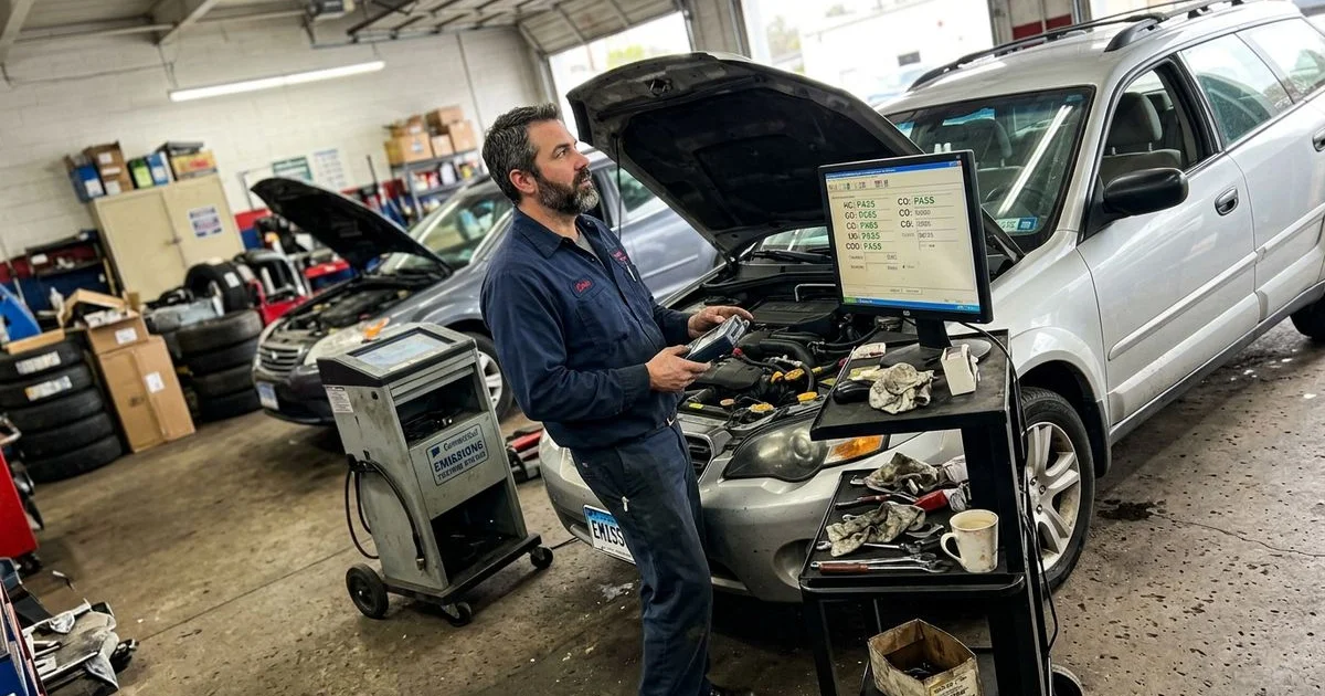 Technician reviewing an OBD-II readiness screen, New Britain shop, candid