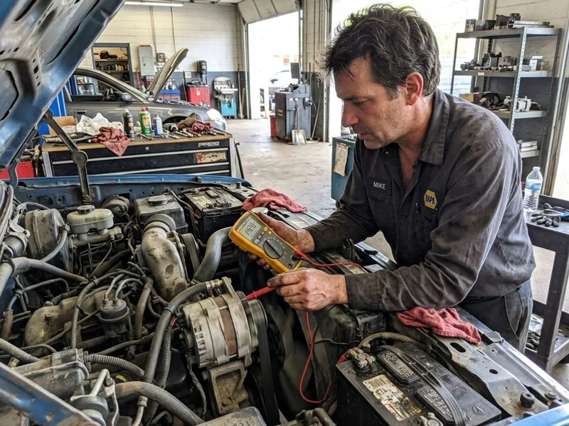 Alternator being tested with a multimeter for voltage output