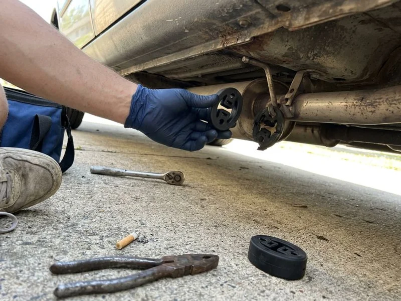 Broken rubber exhaust hanger being replaced