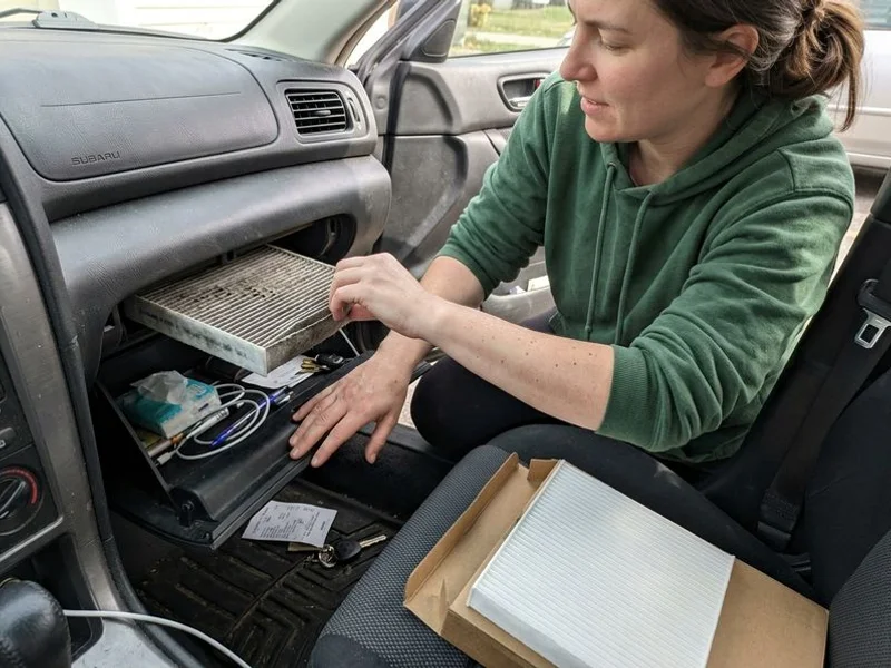 Cabin air filter being replaced in glovebox compartment
