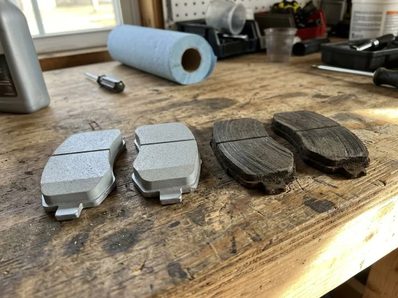 New ceramic brake pads compared to worn pads on the workbench