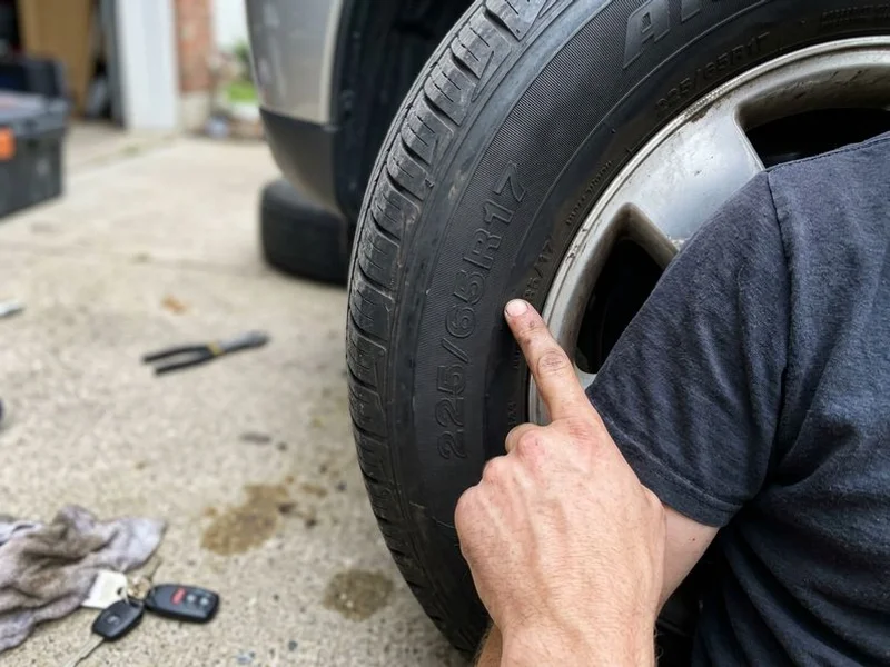 Close-up of tire sidewall size markings with technician explaining size codes