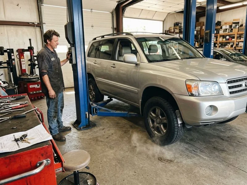 Family SUV lowered to the ground after a full set of new tire installation