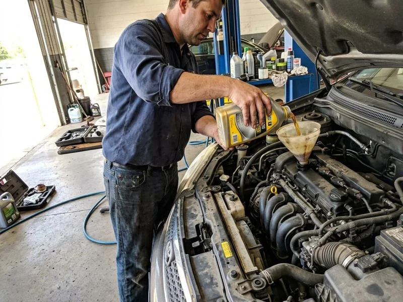Fresh synthetic motor oil being poured into an engine