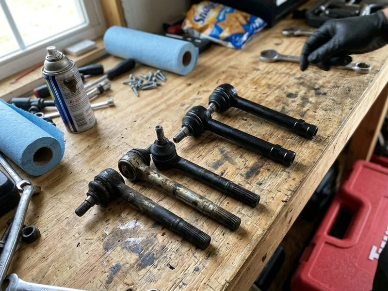 Inner and outer tie rod ends compared on the workbench
