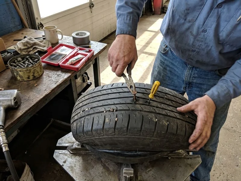 Nail being removed from a car tire tread before patch repair