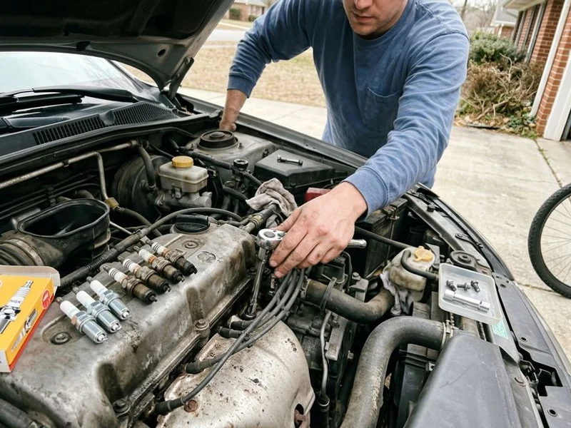 Spark plugs being replaced with new set alongside worn plugs