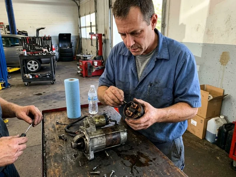 Starter motor removed and inspected by technician