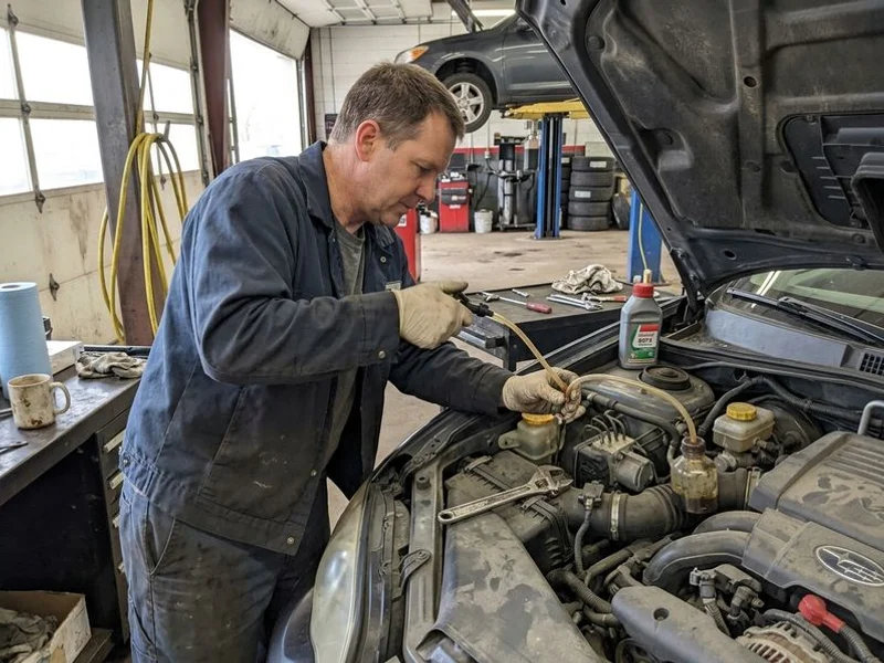 Technician bleeding fresh brake fluid at our shop