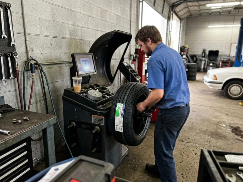 Technician mounting a new Michelin tire on our computerized balancer