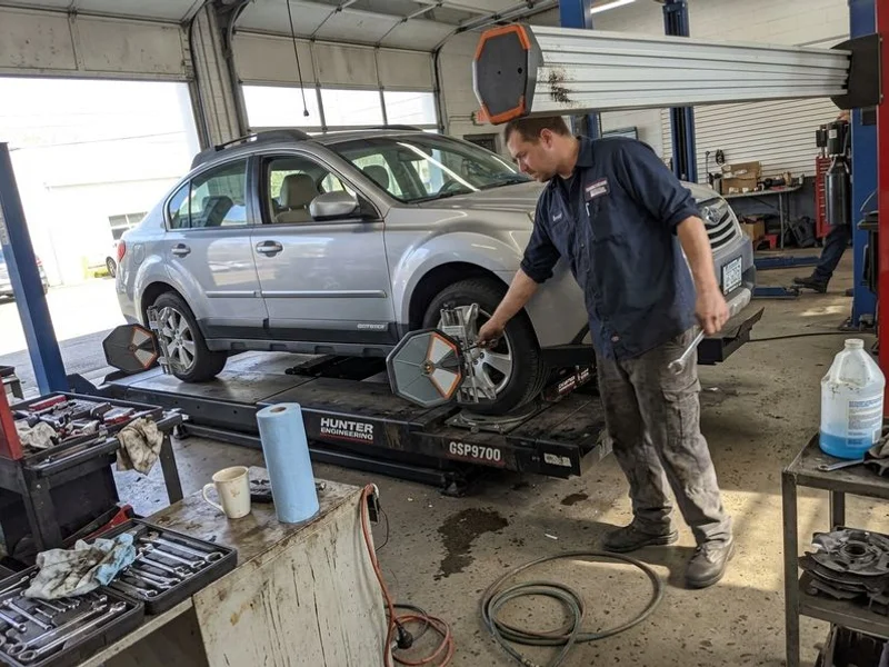 Wheel alignment being performed on our Hunter alignment rack