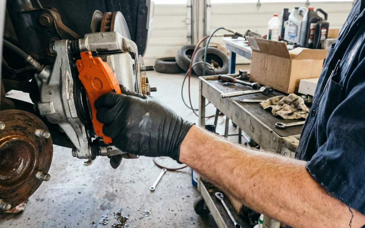 Brake caliper being reassembled with new ceramic pads