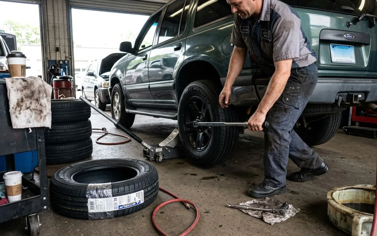 Detailed view of four new tires being installed on a family SUV at our New Britain shop
