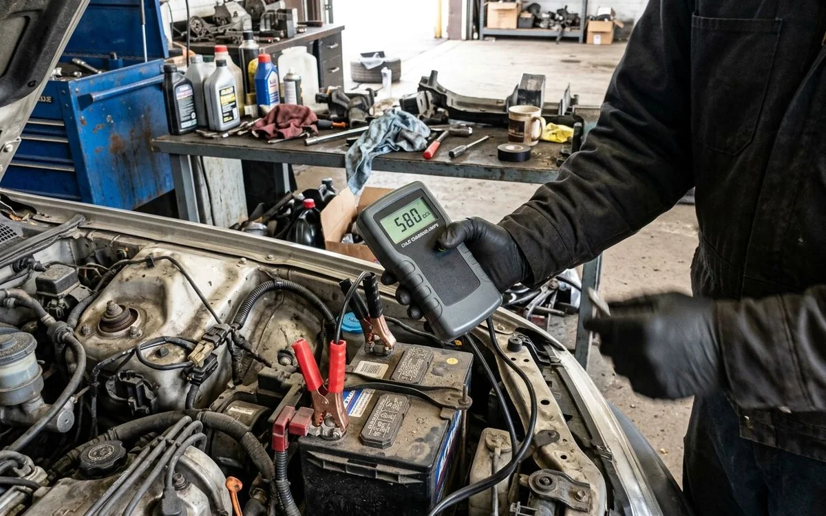 Digital battery load tester displaying cold-cranking-amps reading