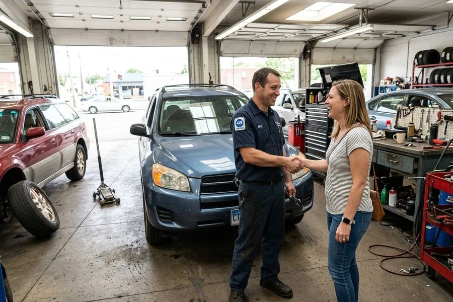 Friendly ASE-certified mechanic shaking hands with a happy customer next to a family SUV inside our clean New Britain auto shop