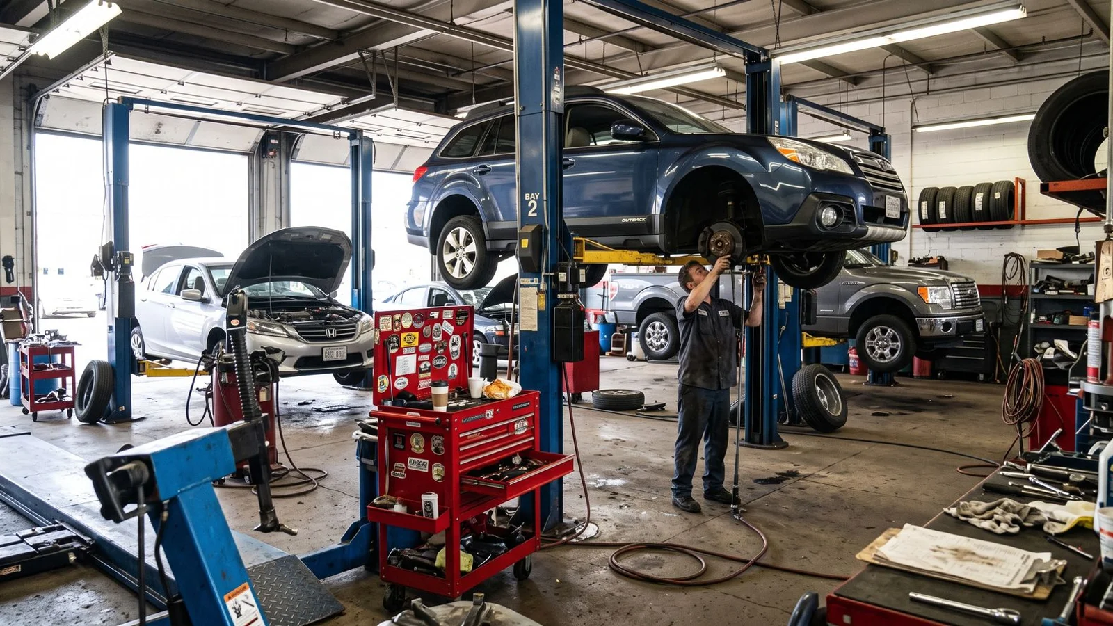 Interior of our shop with multiple service bays and lifts