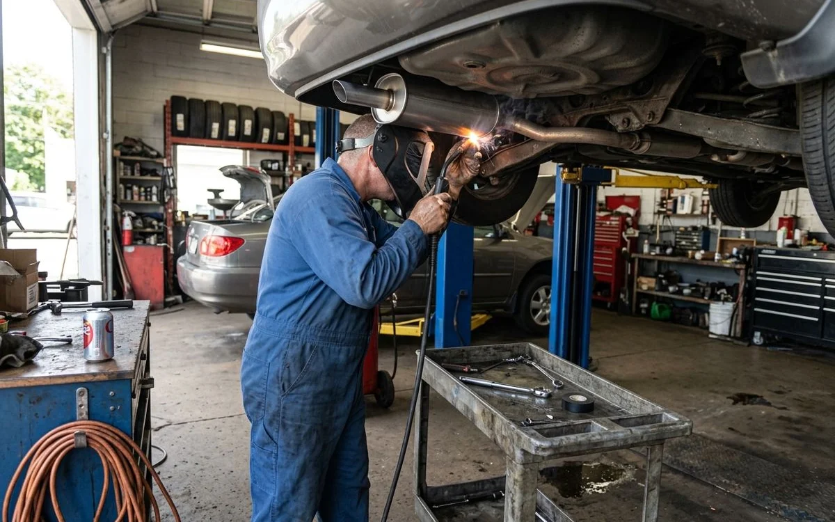 New aluminized muffler being welded into the exhaust system