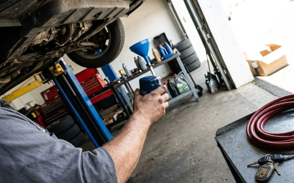 New oil filter being installed during full synthetic oil change service