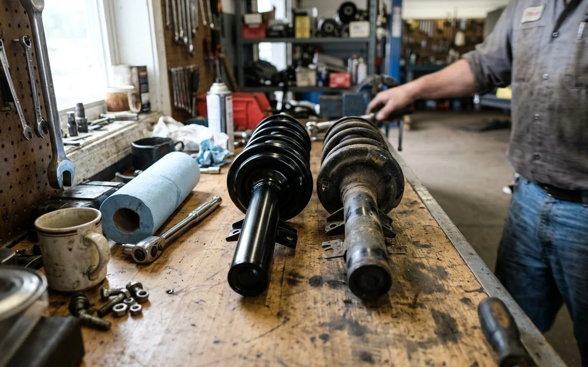 New shock absorber next to a worn one for comparison