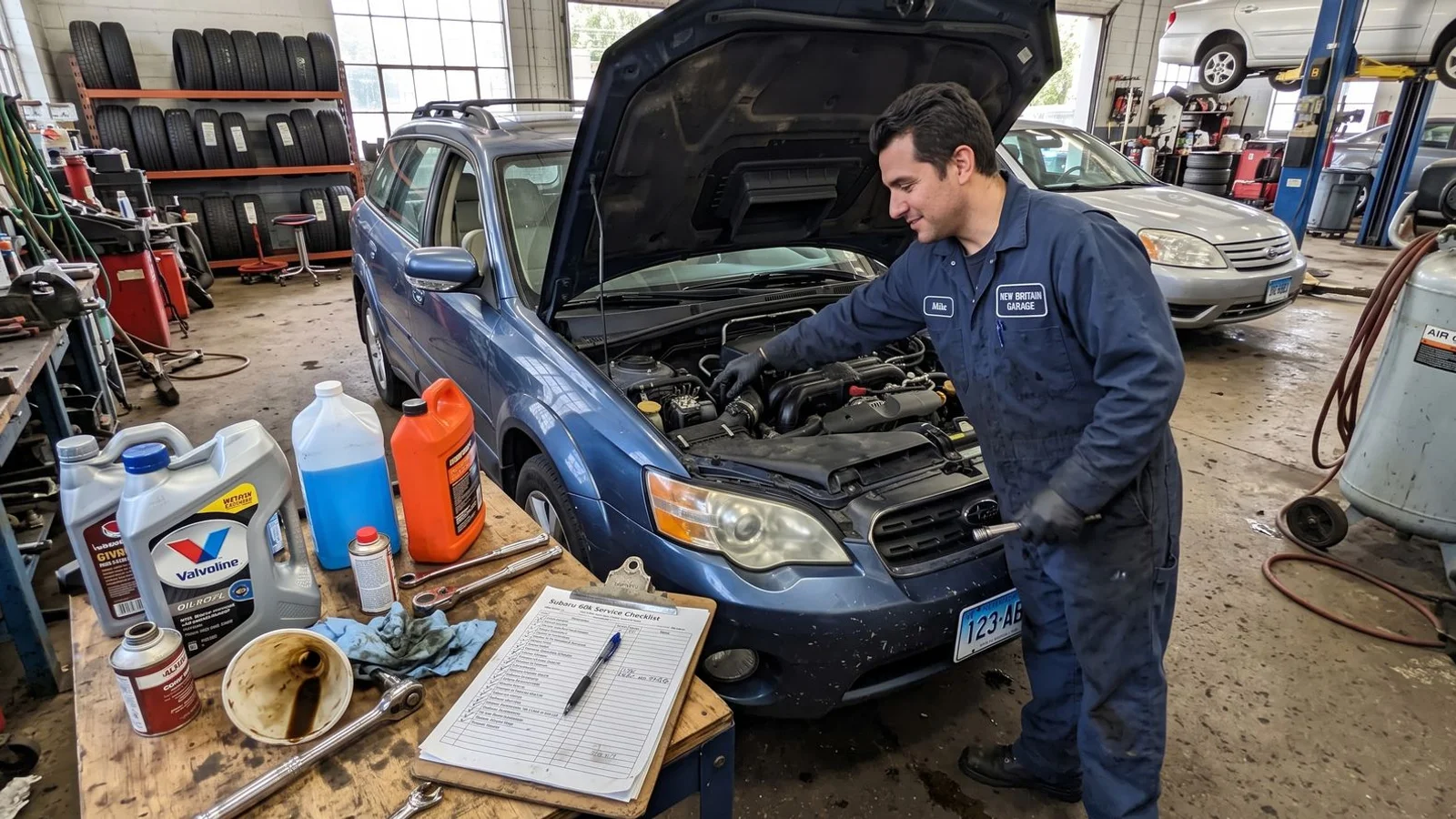 Technician performing scheduled 60k maintenance on a family car at our shop