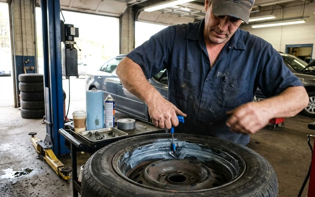 Tire patch-plug combo being applied from inside a repaired tire